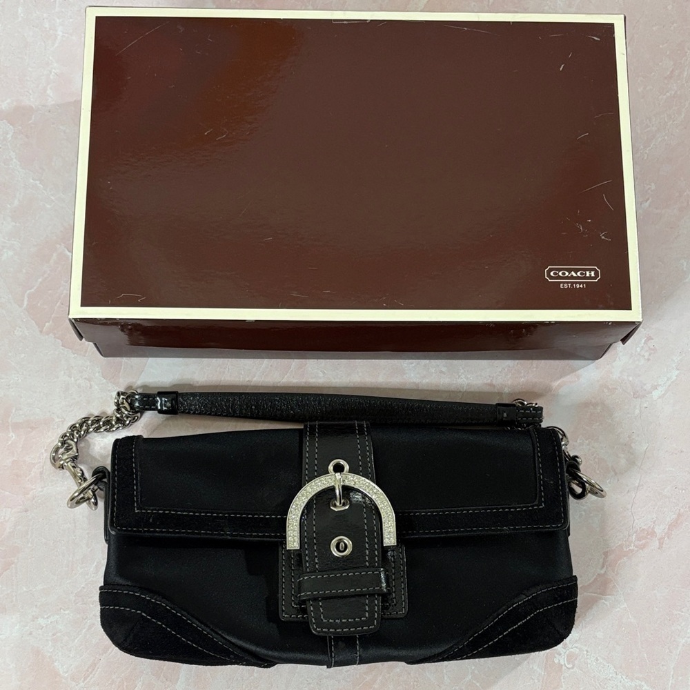 🔥RARE VINTAGE Coach SoHo limited ed Black Satin, Suede, Velvet, Crystal buckle